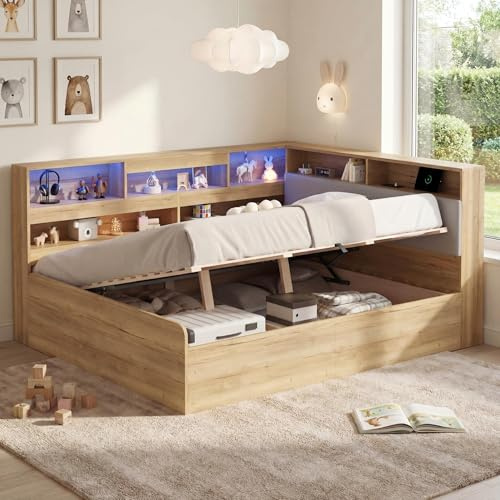Merax Kinderbett 140x200 cm mit Hydraulischem Stauraum, LED-Beleuchtung und USB-Ladestation, Daybett aus Holz, Jugendbett mit Regalen und Steckdose, Stauraumbett mit Lattenrost, Naturfarbe