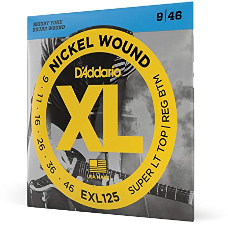 D'Addario EXL125 Cuerdas de Guitarra Eléctrica Entorchadas en Níquel, Súper Ligeras Superiores/Regulares Inferiores, 9-46, 9-46, Super Light Top/Reg. Bottom, 1-Pack