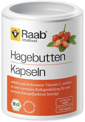 Raab Vitalfood® Bio Hagebutten Kapseln (150 Stück) - Premium-Sorte AP-4® Hagebutte aus dem Süden von Chile, mit natürlichem Vitamin C für eine normale Kollagenbildung & Knorpelfunktion, ohne Zusätze