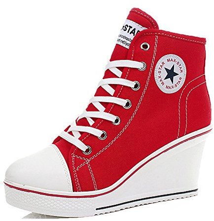 Padgene Women's Canvas Wedge Trainers Ladies Lace Up Side Zip High Top Ankle Boots Sneaker Pump Sport Shoes Red