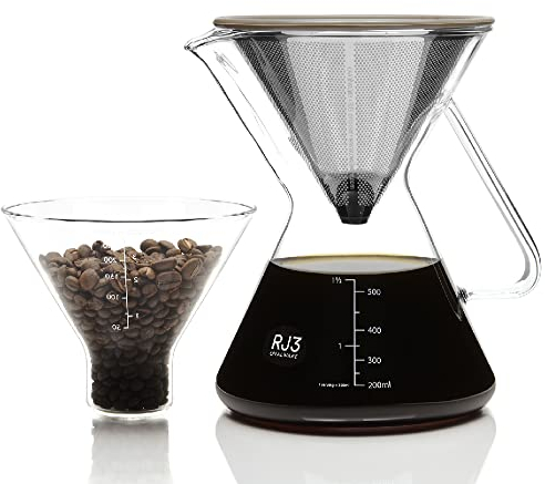 ovalware Pour Over Coffee Maker Set | 17oz / 0.5L Borosilicate Carafe with 304 Stainless Steel Filter and Precision Measuring Cup | Glass Coffee Dripper for Home Brewing