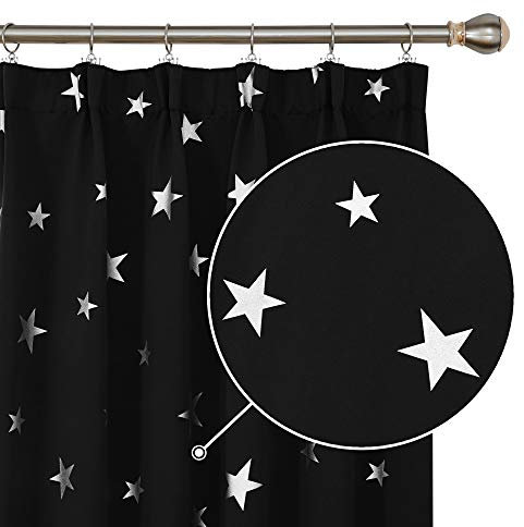 Deconovo Cortina Dormitorio, Salón, Habitación, con Térmica Aislante Estrellas Plateadas, con Fruncidas, 117x229 cm(Ancho x Alto), Negro, 2 Piezas