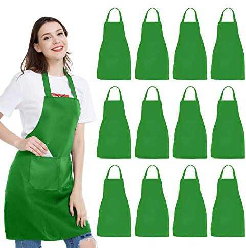NOBONDO Kochschürze, 12 Stück, Unisex, grüne Schürzen mit 2 geräumigen Taschen, maschinenwaschbar für Küche, Basteln, Grillen, Zeichnen