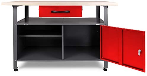 Ondis24 Montagewerkbank Werkbank Klaus 120 cm, Metall, abschließbarer Tür, höhenverstellbare Füße (Arbeitshöhe 85 cm, Rot)