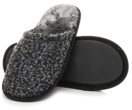 Ajvani Mens Flat Winter Fur Lined Memory Foam Mules Slippers House Shoes, Black 2 Tone, 8 UK