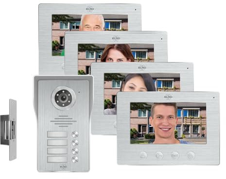 Kit videocitofono per più famiglie, con 4 monitor a colori e apriporta