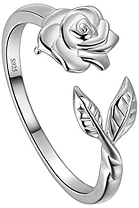 Verstellbarer Blumenrosenring für Frauen Mädchen Blumenblatt Offener Ring 925 Sterling Silber Vintage Rose Versprechen Statement Cocktailparty Ring Blumenschmuck Geschenk für Frau Freundin FR0019W