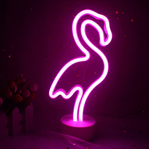 Ovker LED Flamingo Neonlicht Schild Innen, Nachtlicht Kunst Dekorative Zeichen mit Halter Basis Tischleuchte USB oder batteriebetrieben für Zuhause Kinder Hochzeit Weihnachten Geburtstagsfeier
