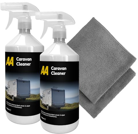 AA Car Essentials Caravan Cleaner - Black Streak Remover - Algae Remover - With Carnauba Wax Protection - 2 x 1L with 2 microfibre cloths - Cleans and polishes without the use of water, White
