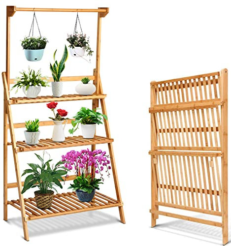 RELAX4LIFE Porte Plante en Bambou 3 Niveaux Pliable Réglable en Hauteur avec Tige de Suspension, Présentoir Plante Support Orchidée Naturel Carbonisé Résistant aux Intempéries pour Jardin,Balcon