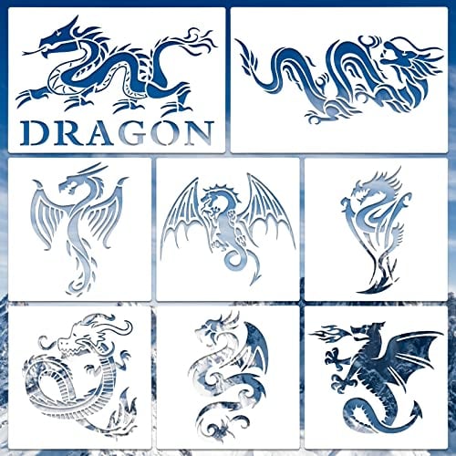Prasacco 8 Stück Drachen Schablonen, Kunststoff Fliegender Drachen Zeichnen Malschablonen Wiederverwendbare Kunststoff Drachen Schablone Set zum Malen auf Holz Möbel Wand DIY Handwerk Zeichnen Deko