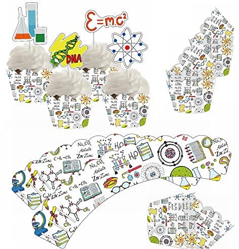 48Pcs Science Cupcake Wrappers and Toppers Set Science Cupcake Holders with Treat Picks Kit Science Party Decoration Science Party Supplies Mad Science Baby Shower Kids Themed Party Decorations Favors