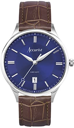 Accurist Klassische Herren-Quarzuhr mit Analoganzeige, 37 mm, Blaues, braunes Armband, Strap, Armband