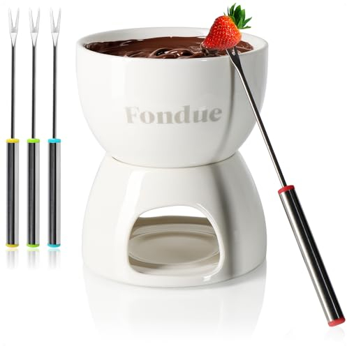 COM-FOUR® Set per fonduta di cioccolato Premium - ciotola in ceramica con portacandela e 4 forchette - crogiolo per cioccolato e formaggio - crogiolo - ciotola per dessert per 4 persone (bianco)