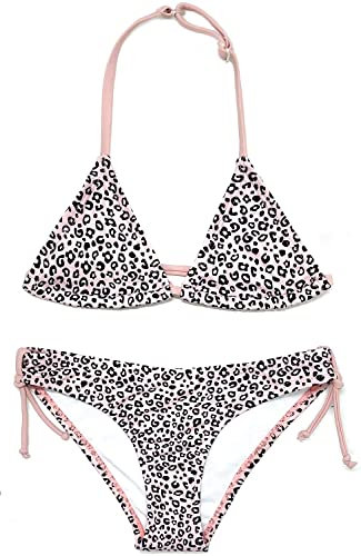 SHEKINI Costume da bagno per ragazze Bikini Set Halter Triangolo Top stampato Fondo 2 Pezzi Costume da bagno per bambini Costumi da bagno 6-14 anni, Rosa Leopardo, 8 anni