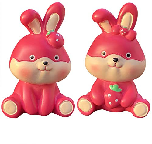 Osterhasen Figuren Rosa Miniatur Kaninchen Bunny Häschen Osterdeko Tischdeko | Geschenk für Mädchen Mini Hasen Dekofigur für Kinder Mikrolandschaft Puppenhaus Deko, 2 Stück, Rosered