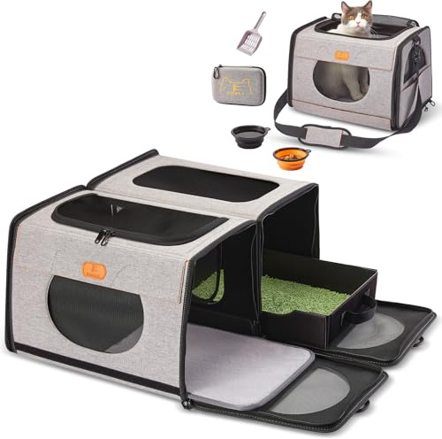 Katzentrage mit Katzentoilette für Reisen, Katzentaschen für Bad, zusammenklappbare Haustiertragetasche für Katzen Welpen Auto, 2 Katzen Reisetrage groß, doppelte Haustiertragetasche (Stil 1)