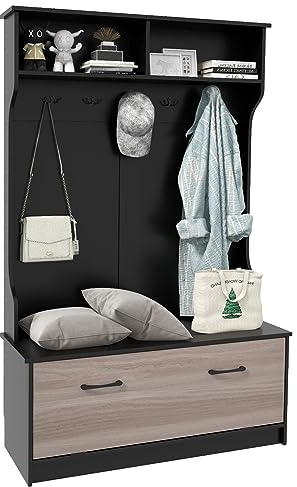 GOPLUS Garderobenständer mit Sitzfläche, Kleiderständer mit Ablage, 5 Haken, Garderobenschrank, Flurgarderobe Kompaktgarderobe für Eingang, Schlafzimmer, 100 x 40 x 160cm (Schwarz)