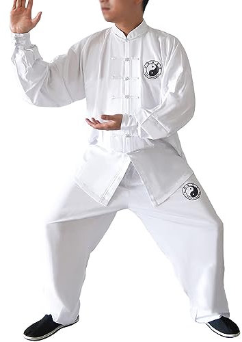 Dee Plus Uniforme Kung Fu Completo Tai Chi Arti Marziali Tai Chi in Cotone, Abbigliamento per Arti Marziali Meditazione per Donna Uomo Unisex, Wing Chun Vestiti con Manica Lunga Un Set - Bianco (M)