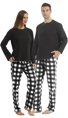 YUSHOW Ensemble de pyjama pour couples - Ensemble pyjama à carreaux pour hommes et femmes - Chemises thermiques et pantalons en polaire, carreaux blancs et noirs, M