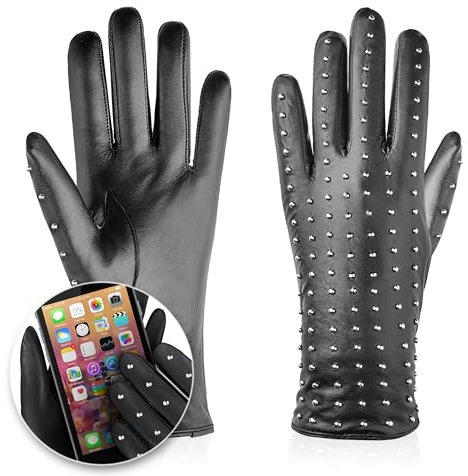 BETLEWSKI - Damen Handschuhe aus Schafsleder gefüttert - Warme Winter Lederhandschuhe für Damen in Schwarz mit Wollfutter - Winterhandschuhe für Touchscreens - Modell Glam Rock iTouch - L