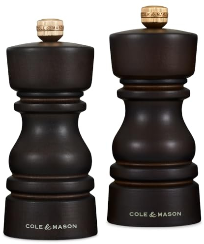 Cole & Mason London Salz und Pfeffermühle, 2er Set Manuell mit Einstellbar, Schokolade Holz, 13cm, Precision+ mit Keramikmahlwerk und Carbonmahlwerk, Gewürzmühle, Mühlen für Salz, Pfeffer