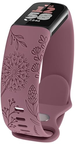 TOYOUTHS Löwenzahn Floral Gravierte Armband Kompatibel mit Fitbit Charge 6/Charge 5 Armband Damen, Frauen Blume Fancy Cute Weich Silikon Sport Solo Loop Armbänder für Charge 6, Rauch Violett