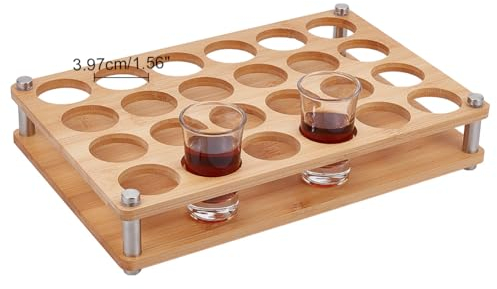 NBEADS Shot Glass Holder, 24-Hole Bamboo Wine Glass Holder Serving Tray Rack Shot Glass Serving Trays Beer Wine Glass Display Rack for Bar Party Club, Hole: About 3.97cm