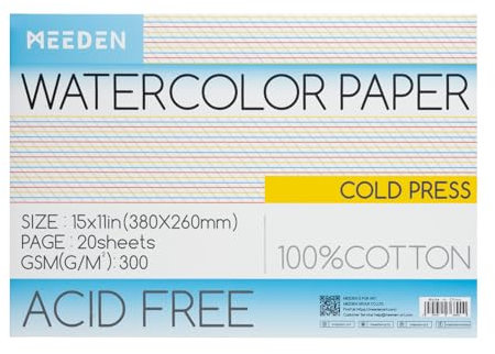 MEEDEN Aquarellpapier Block - 100% Baumwolle Aquarellpapier Block mit 20 Blatt, 140lb/300gsm, säurefreies Kunstdruckpapier für Aquarell, Gouache, Tinte und mehr, 38 x 26cm Cold Press