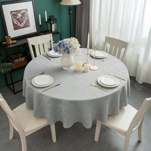 WELTRXE Table Cloth, Round Tablecloth, 120cm Diameter, Water Resistant Wipe Clean Dining Table Cover, Tabletop Decoration for Birthday Party Cafe Restaurant Buffet, 210GSM Jacquard Fabric, Silver Grey