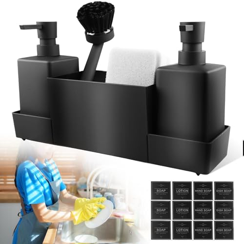 SPORWAY Seifenspender Spülmittelspender, 350ml Spülbecken Organizer mit Bürste und Spülschwamm, Spülorganizer Spülbecken Organizer mit Abtropfschale für Küchen, Bad (Schwarz)