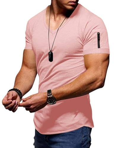 Rifuli T-shirt d'été tendance décontracté avec poche zippée et col en V pour homme, rose, L