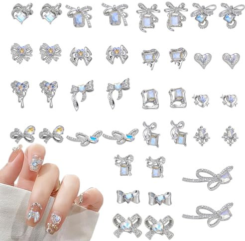 3D Bow Nail Charms, 40 Pcs 3D Bow Nail Art Charms Heart Nail Rhinestones Gems Cute Bowknot Nail Jewels Nail Art Decorations Accessories for Women Girls Nail Design DIY Crafts (Silver)