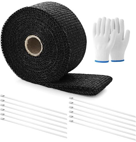 TNSLAND Cinta Aislante para Tubos de Escape de 5 Metros Cinta Anticalorica Escape Cinta Termica Escape con 12 Bridas de Acero Inoxidable Y 1 par de Guantes para Motos, Colectores de Escape de Coches