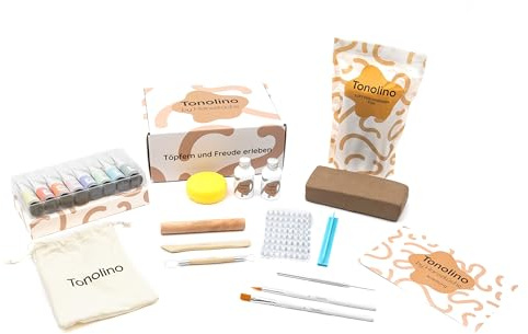 Hanseküche Tonolino - DIY Kreativset für Erwachsene | Töpferset mit Pastell-Acrylfarben, Werkzeugen & 2 kg lufttrocknendem Ton | Ideal für Zuhause | Töpfern ohne Brennen | Pottery Kit