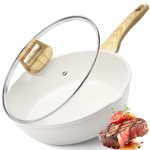GiPP Nonstick Deep Frying Pan - 2.6L White Granite Saute Pan with Lid, Pour Spout and Stay-Cool Handle, Non Stick Skillet Non Toxic Cooking Pan Induction Cookware, PFOA Free(White, 24cm)