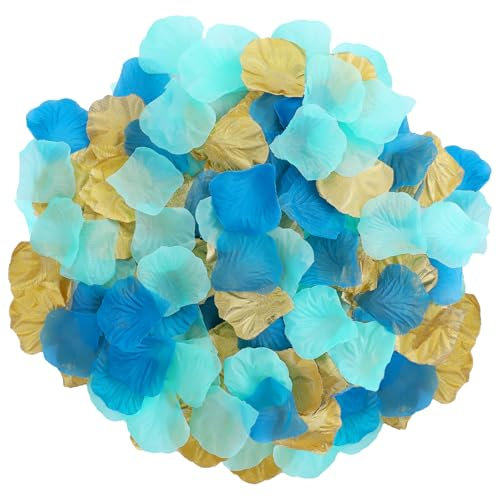 Lot de 900 pétales de rose en soie bleu sarcelle, turquoise, menthe, or, pétales de fleurs artificielles vintage pour confettis de table, fête prénuptiale, décoration de mariage