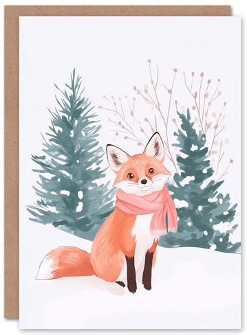 Wee Blue Coo Greeting Card Cute Red Fox Pink Winter Scarf Snow Forest For Child Kids Xmas Christmas Card
