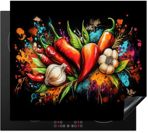 KitchenYeah© Herdabdeckplatte 57x51 cm Einteilig Abdeckplatten Cerankochfeld Abdeckung Ceranfeld Herdplattenabdeckung Induktionsmatte Gemüse - Paprika - Knoblauch - Graffiti - Farbe - Bunt