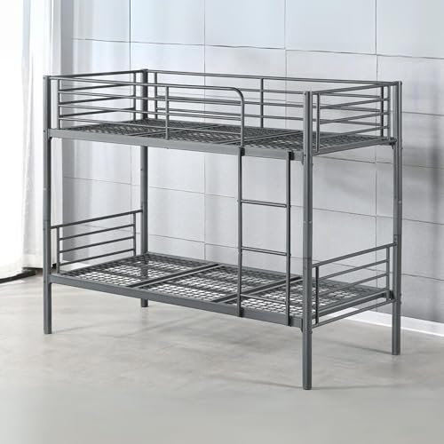 Reinforced Beds, ANMER BUNK BED, Strong Metal Bunk Bed, Exclusive Product, Easy Assembly, Reinforced Mesh Base, Reversible Ladder, Single Over Single (Grey)