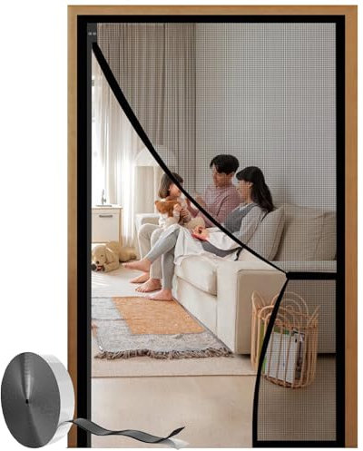 Fliegengitter Tür,W180xH235cm(70x92inch) Schwarz Seitliche Öffnung Insektenschutz Balkontür,Ohne Bohren,Magnete Fliegengitter Balkontür für Schiebetür,Terrassentür,Plissee Tür,Nebeneingangstür