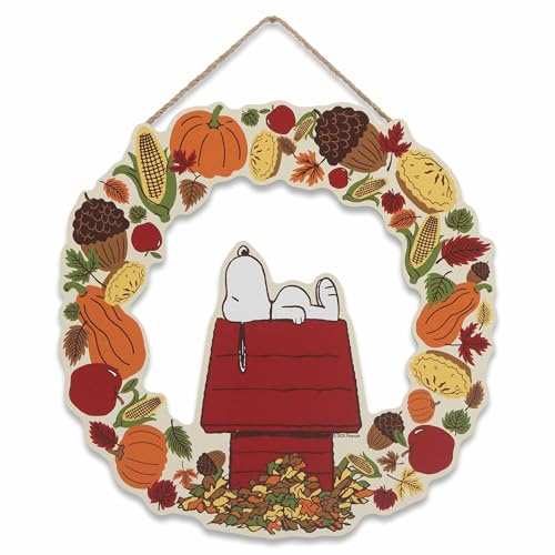 Peanuts Snoopy Autumn Wreath Hanging Wood Wall Decor | Fun Fall Snoopy Sign for Home Decorating