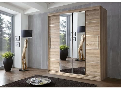IE INTERIOR EMPORIUM Oslo Mirror Sliding Door Wardrobe – 150cm, 180cm, 203cm, 250cm – Includes 1 LED (Oak, 150cm)