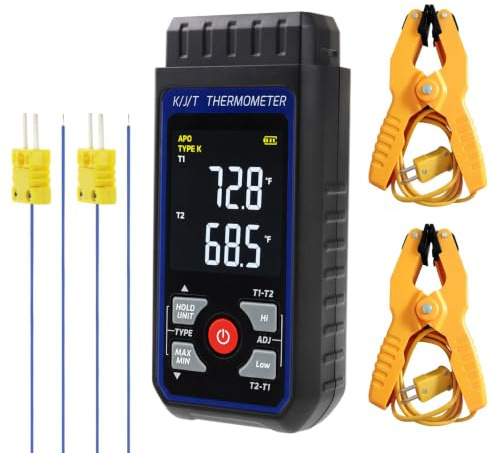 Dual-Channel K/J-Thermometer mit 4 Sonden & 2 Rohrschellen – -200°C bis 1372°C (-328°F bis 2501°F), Alarm, Hintergrundbeleuchtung – Temperaturmessgerät für HVAC-Werkzeuge, Industriethermometer