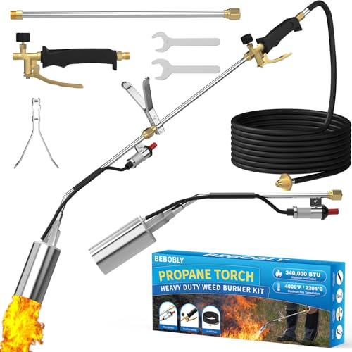 Kit de brûleur de mauvaises herbes au propane, chalumeau à haute puissance 2 400 000 BTU avec tuyau de 3,5 m, chalumeau robuste avec contrôle de flamme et allumage à bouton, lance-flammes pour