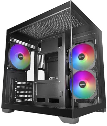 Mars Gaming MC-VIEW3, Boîtier PC MicroATX, Verre Trempé Panoramique, 3X Ventilateurs ARGB 120mm, Double Chambre, Support Refroidissements Liquides jusqu'à 240mm, Mini-Tour Compacte USB-C, Noir