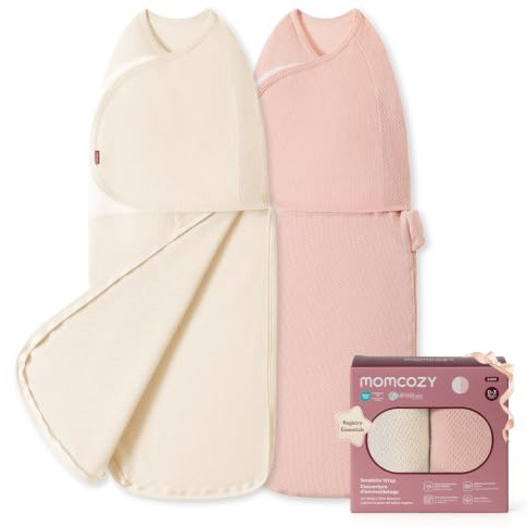 momcozy Couverture Emmaillotage Bebe Airflow, Maille Respirante 100% Coton, Couverture d’Emmaillotage d’Été pour Nouveau-Né, Lot de 2, Rose et Beige