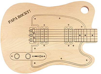 Casa Vivente Schneidebrett E-Gitarre mit Gravur, Motiv Papa rockt, Holzbrett mit Aufhängung, Geschenkidee zum Vatertag