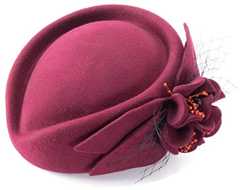Lawliet A131 Damen-Fascinator, Pillendose, Filz, Wolle, formelles Kleid, Blumenschleier, Weinrot, Wein, Einheitsgröße