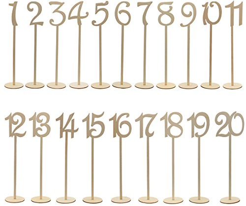 OULII 1-20 números de mesa de madera con Base de soporte para la decoración del partido casa de boda boda aniversario, paquete de 20 (Color madera)